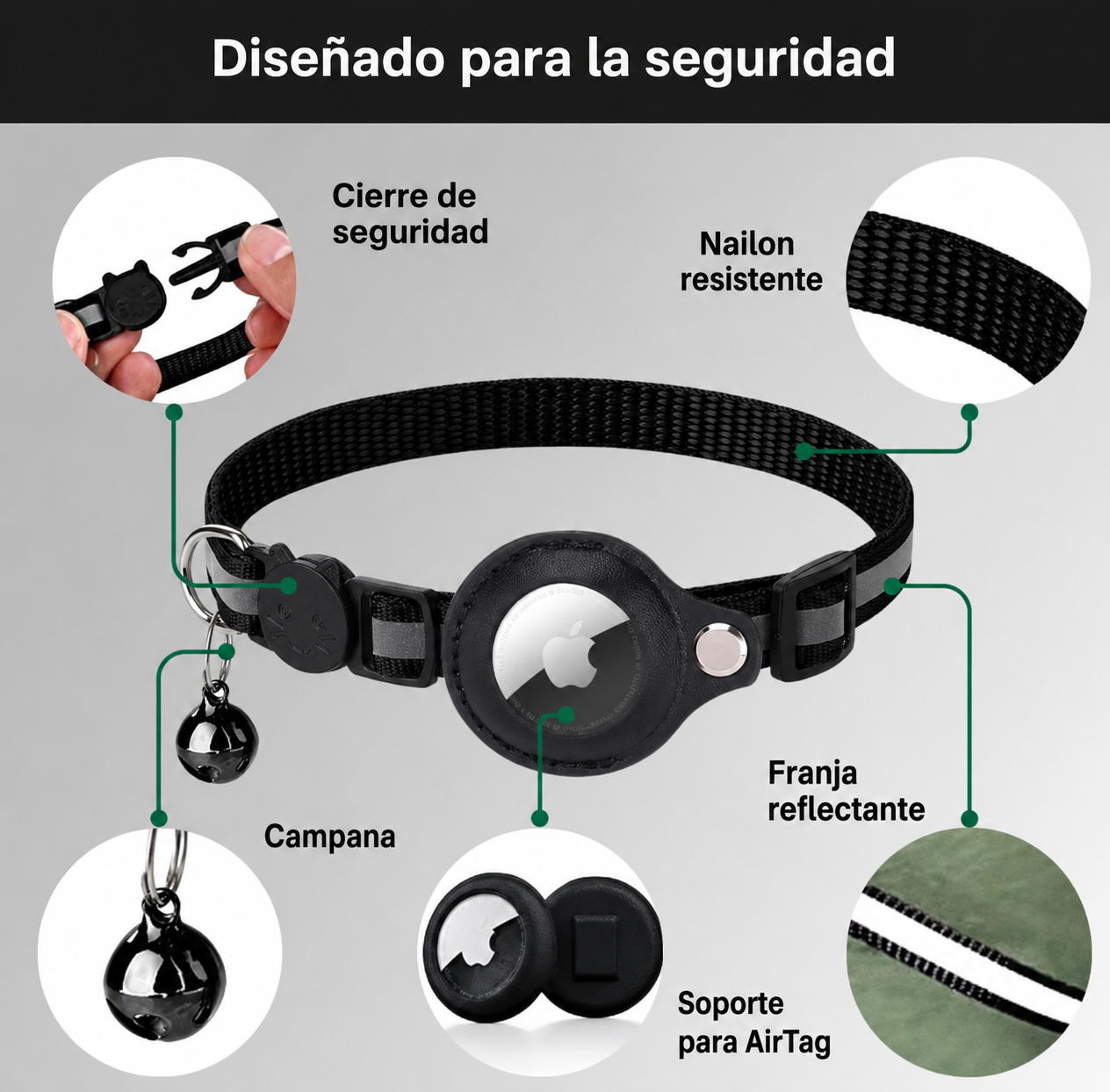 Collar para Gatos con Soporte para Localizador GPS - Reflectante y Cierre Antiahogo